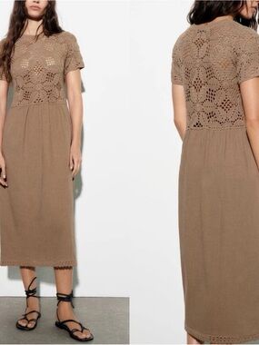 Zara Mixed Macrame Crochet Knit Earth Brown Cotton Midi Dress Size S